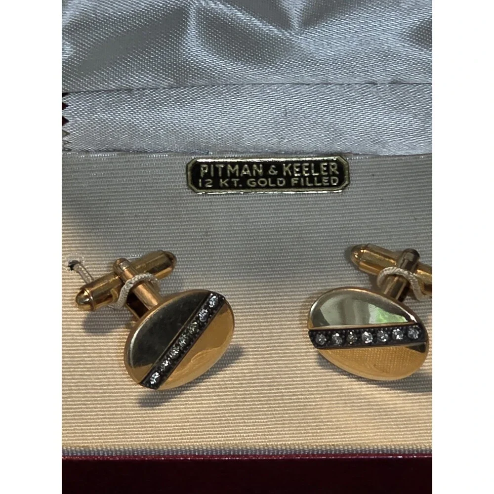 Vintage Pitman & Keeler 12K Gold Filled Rhinestone Cufflinks Set In Original Box